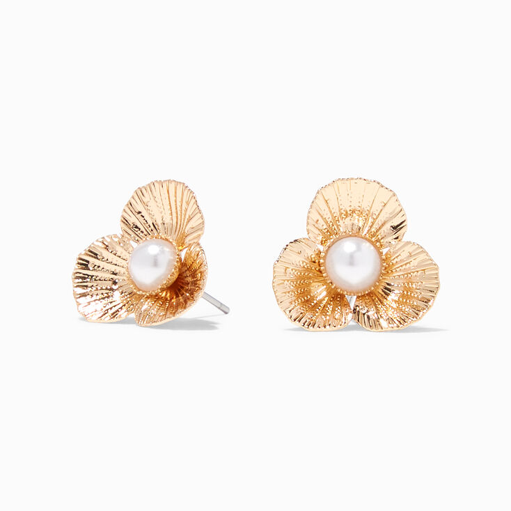 Gold Pearl Flower Stud Earrings,