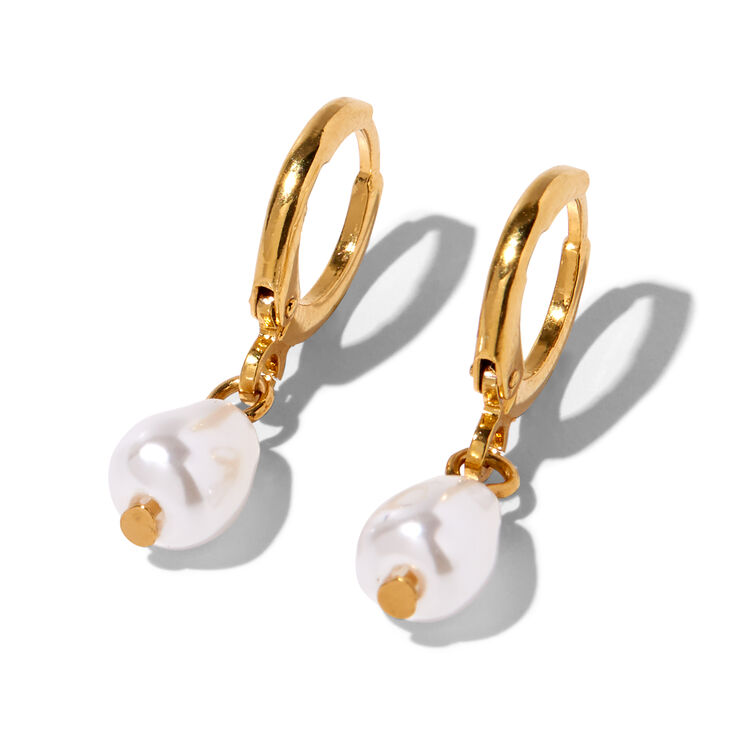 18kt Gold Plated 10MM Pearl Huggie Hoop Earrings,