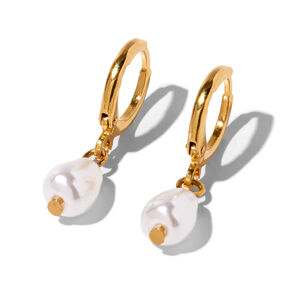 C LUXE by Claire&#39;s 18k Yellow Gold Plated 10MM Pearl Huggie Hoop Earrings,