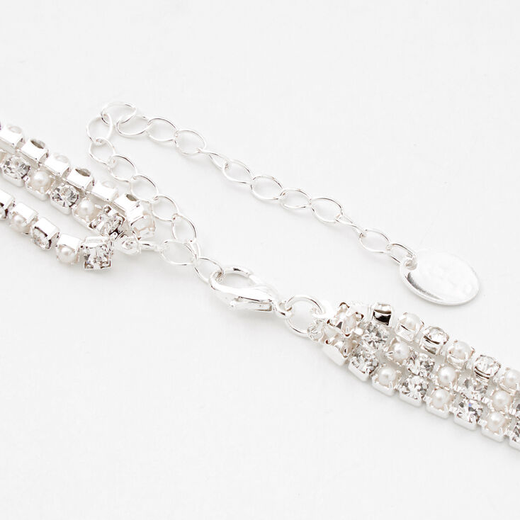 Silver Rhinestone Pearl Multi Strand Choker Necklace,