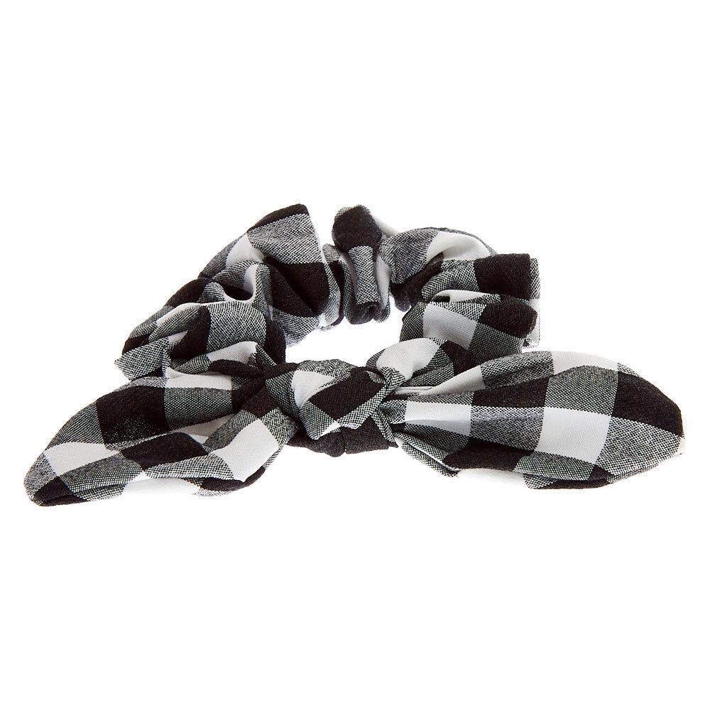 Small Gingham Knotted Bow Hair Scrunchie - Black,