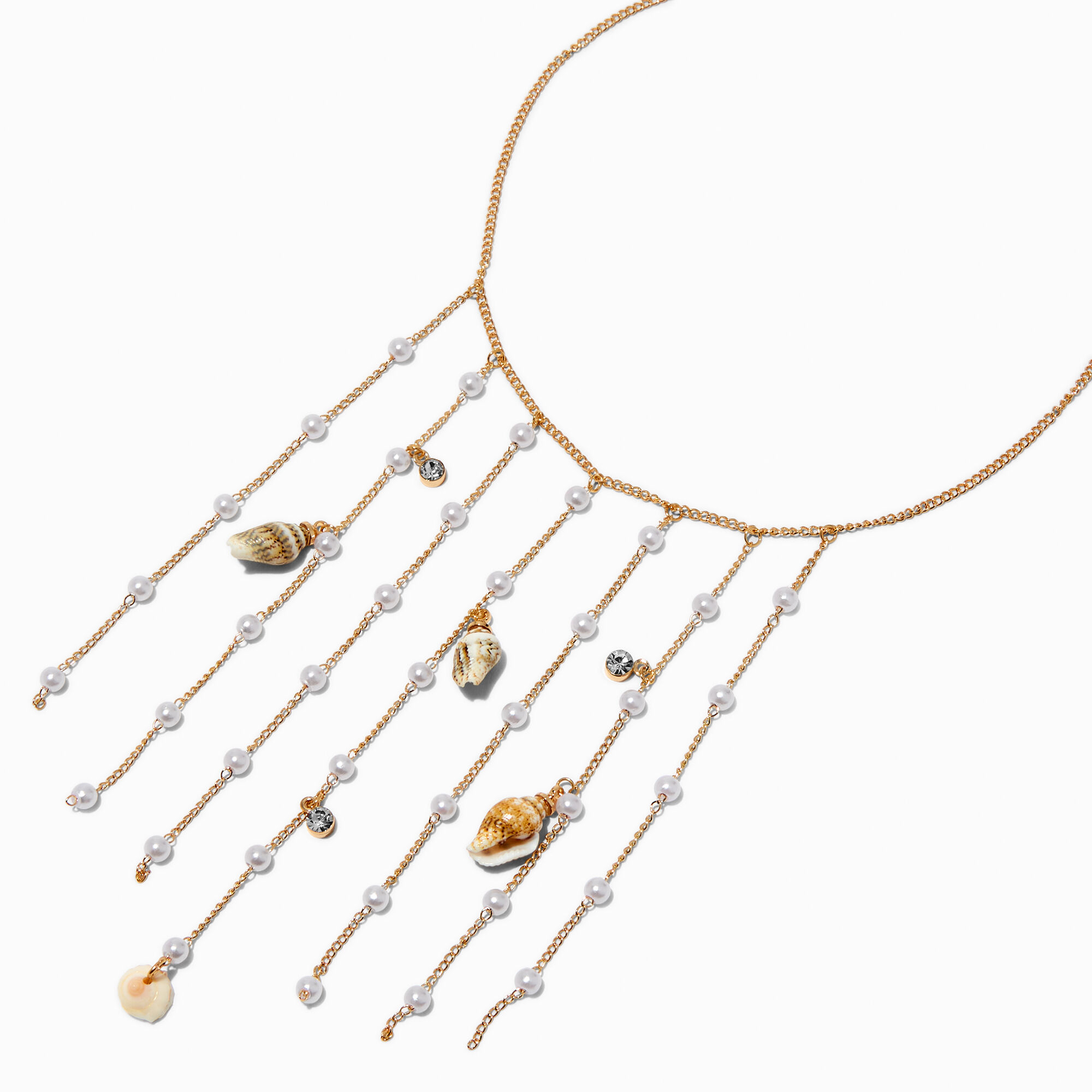 Gold tone Seashell Pearl Fringe Statement Necklace