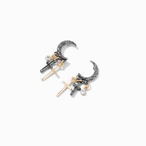 Mixed Metal 1&quot; Crescent Moon Cross Stud Earrings,