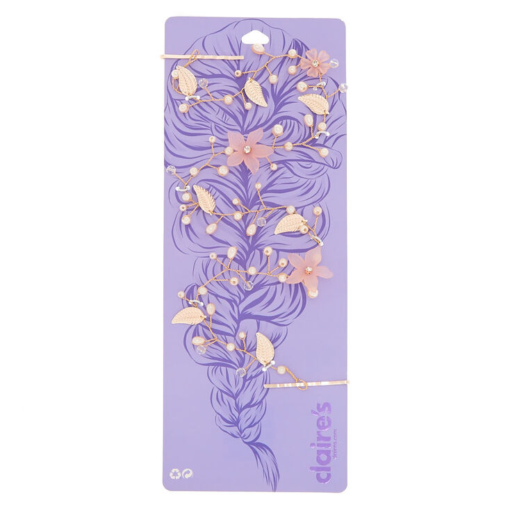 Long Rose Gold-Tone Pink Flower Hair Vine,