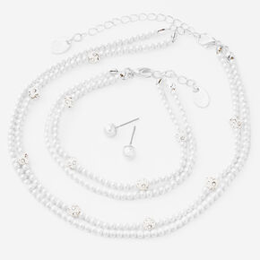 Silver Pearl &amp; Rhinestone Choker Bracelet Earrings Set - 3 Pack,