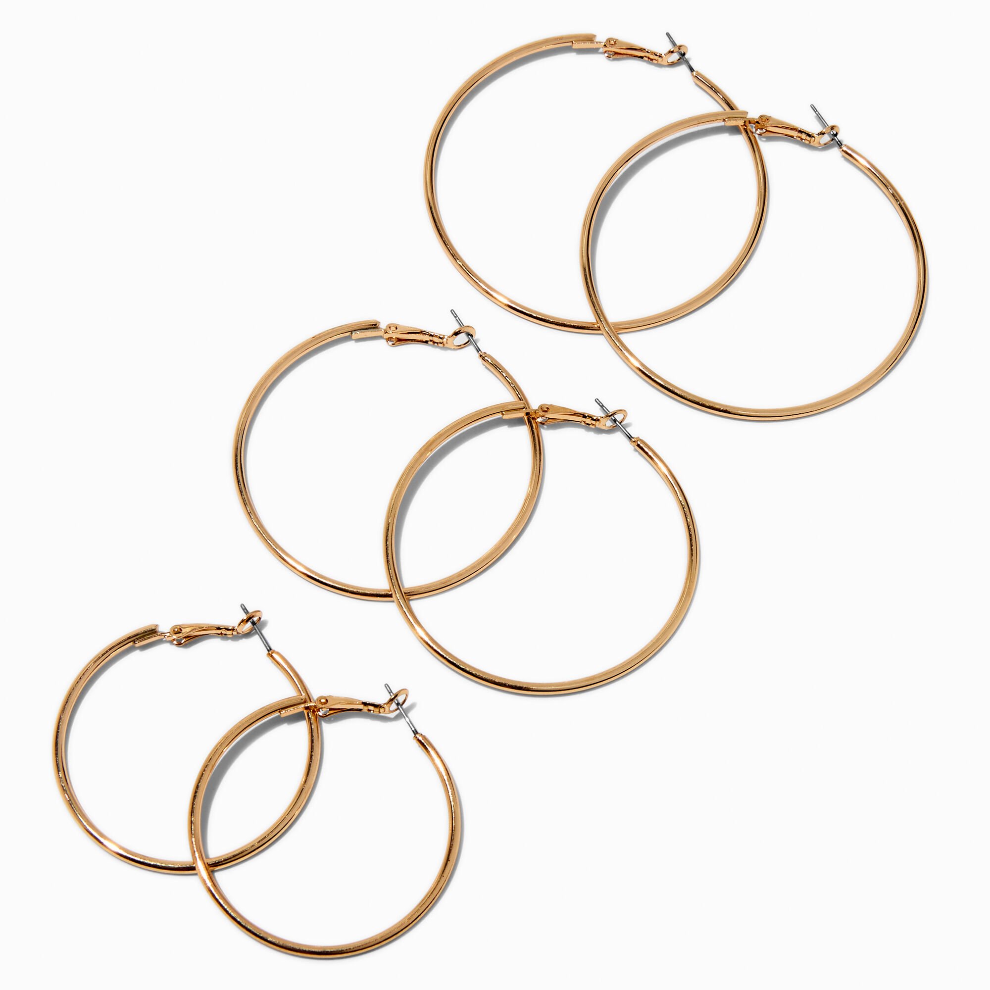 Gold-tone 40mm 50mm, & 60mm Graduated Hoop Earrings - 3 Pack,