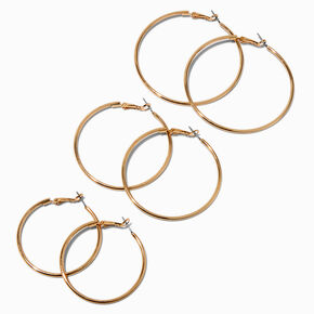 Gold-tone 40mm 50mm, &amp; 60mm Graduated Hoop Earrings - 3 Pack,
