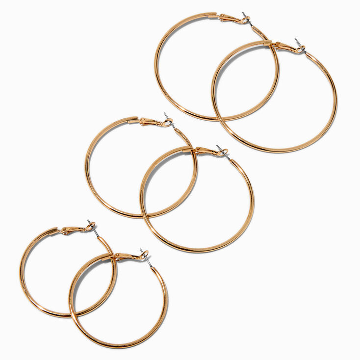 Gold-tone 40mm 50mm, &amp; 60mm Graduated Hoop Earrings - 3 Pack,