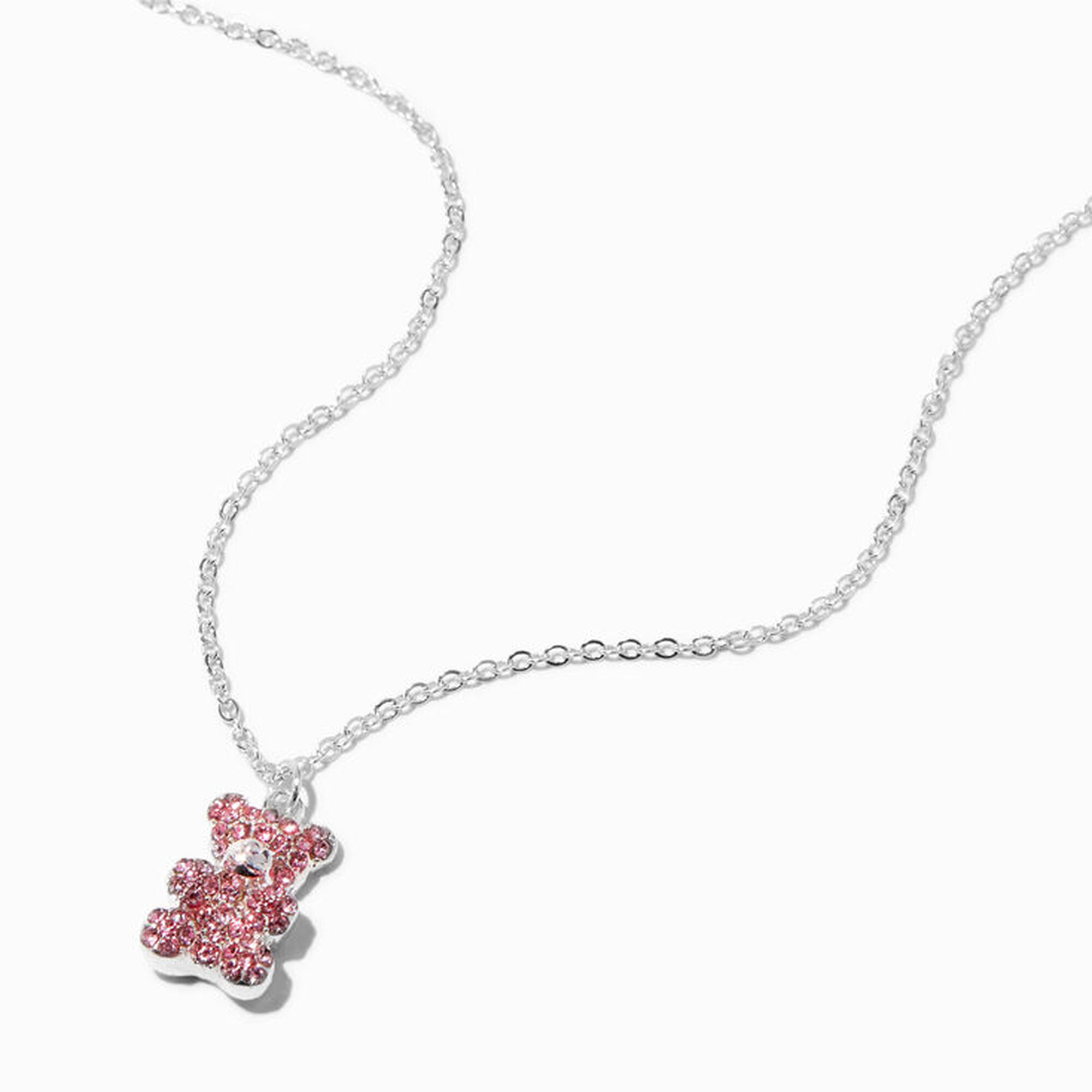 View Claires Rhinestone Teddy Bear Pendant Necklace Pink information