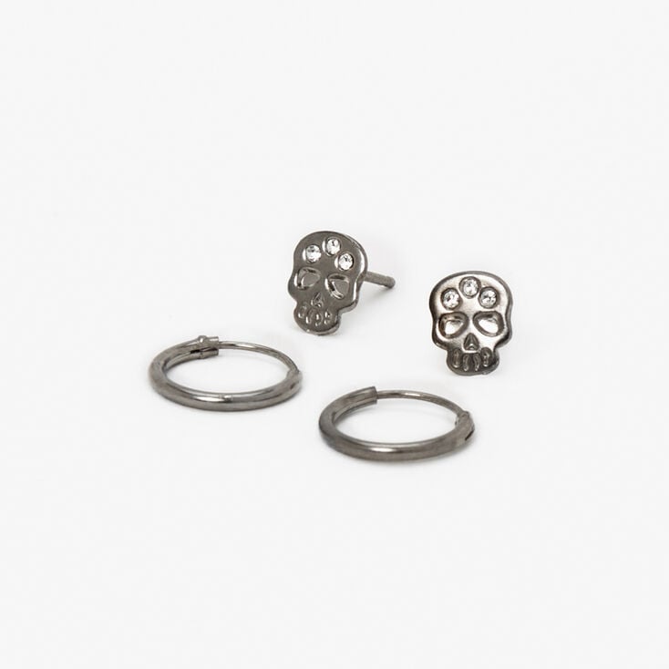 Hematite Sterling Silver Embellished Skulls &amp; Huggie Hoop Earrings &#40;2 Pack&#41;,