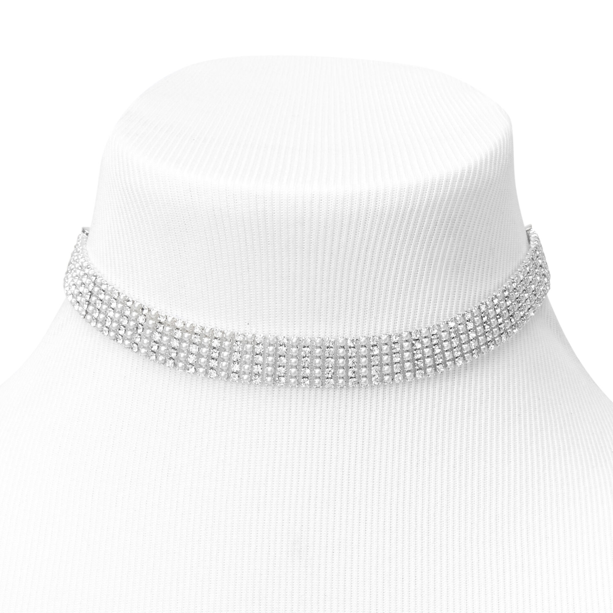 View Claires Tone Rhinestone Pearl Choker Necklace Silver information
