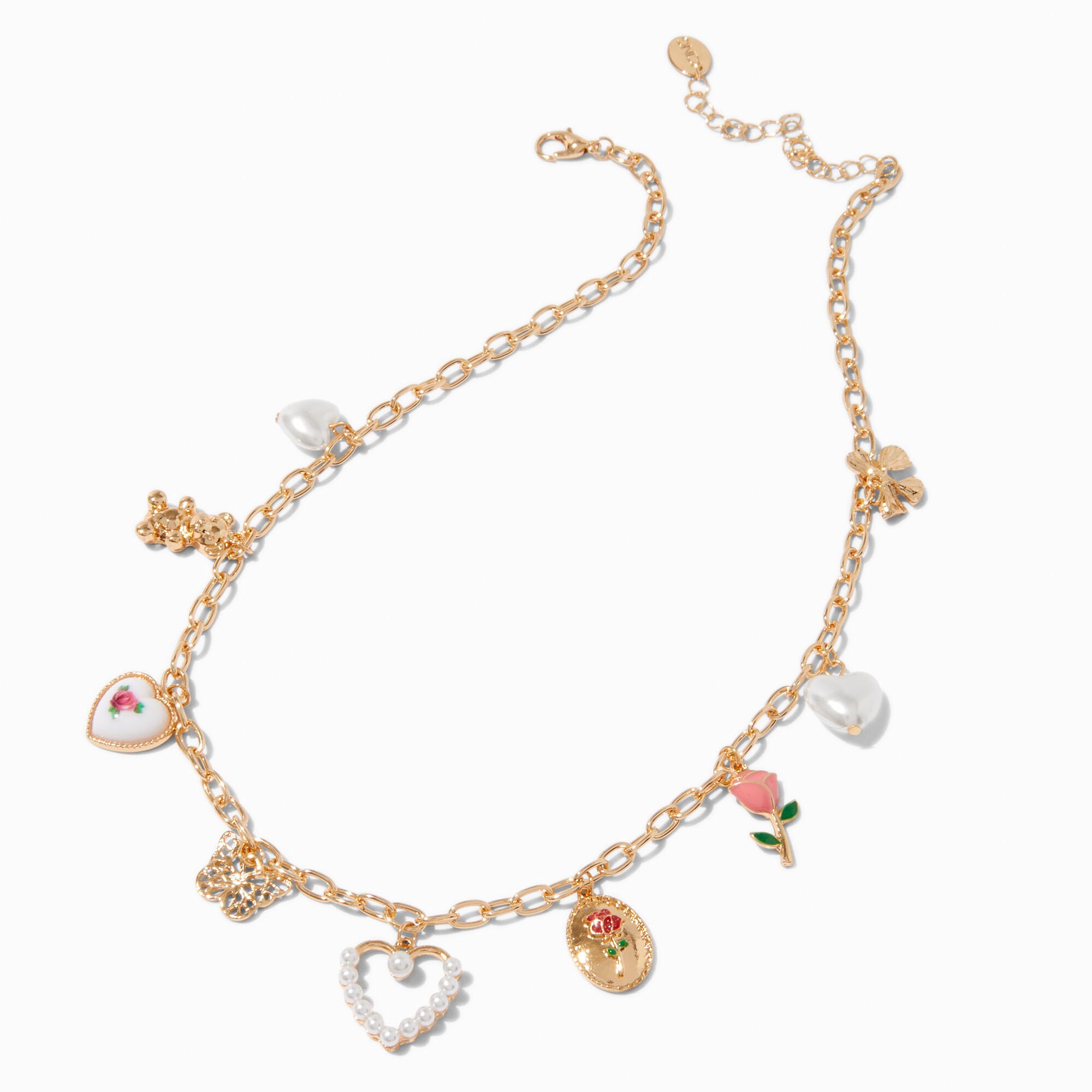 Gold-tone Floral, Heart & Butterfly Charm Necklace,