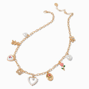 Gold-tone Floral, Heart &amp; Butterfly Charm Necklace,