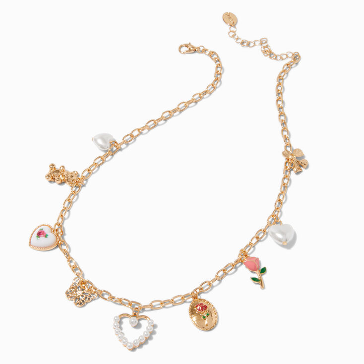 Gold-tone Floral, Heart &amp; Butterfly Charm Necklace,
