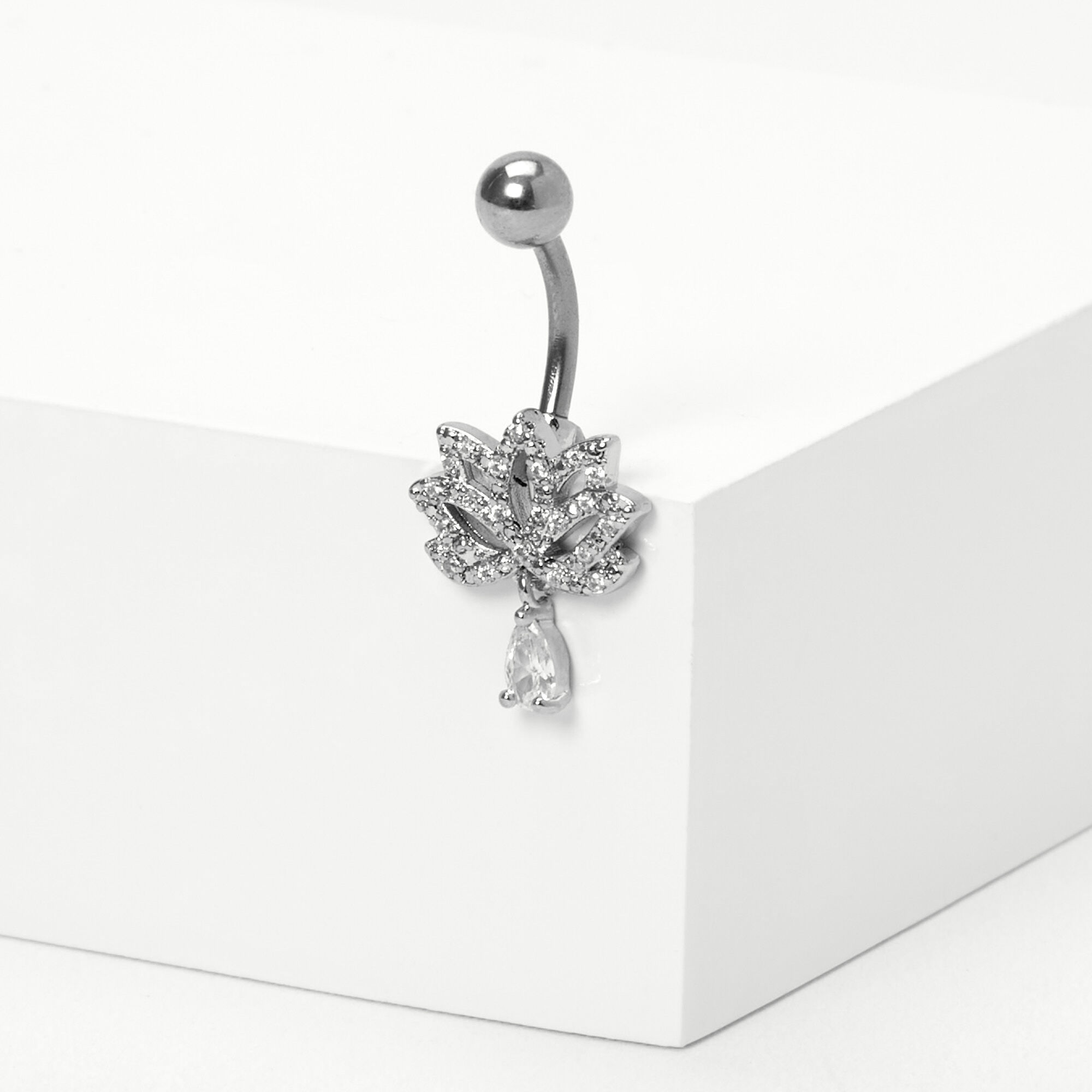 Silver 14G Cubic Zirconia Lotus Flower Belly Ring