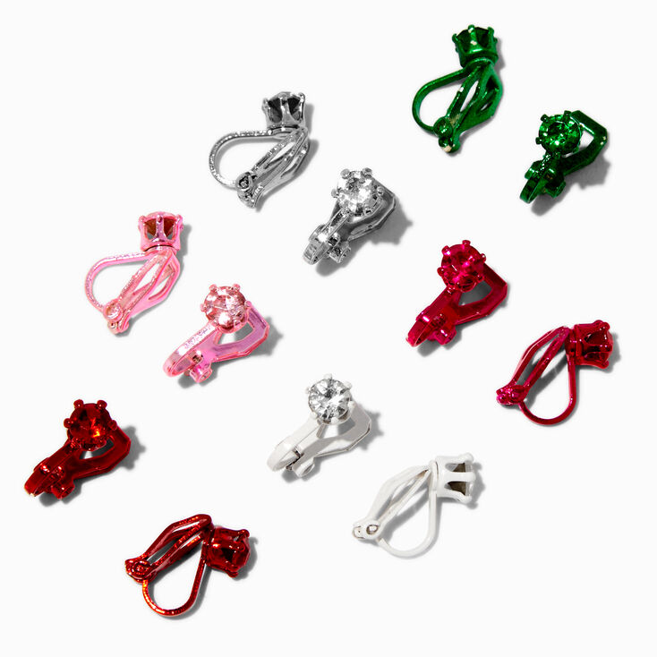 Coloured Rhinestone Clip-On Stud Earrings - 6 Pack,