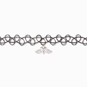 Silver Heart Angel Wing Pendant Black Tattoo Choker Necklace,