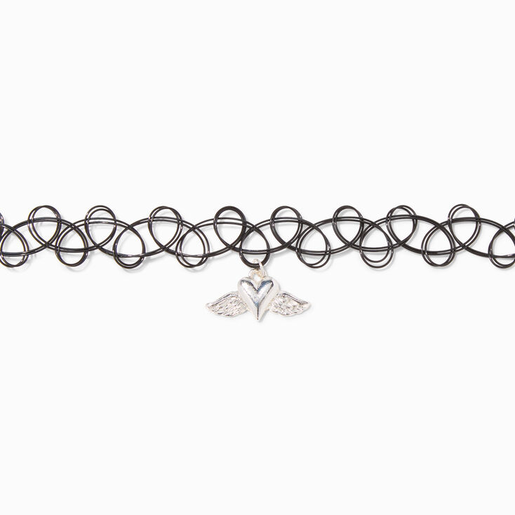 Silver Heart Angel Wing Pendant Black Tattoo Choker Necklace,