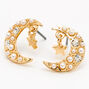 Gold Pearl Crescent Moon Star Stud Earrings,