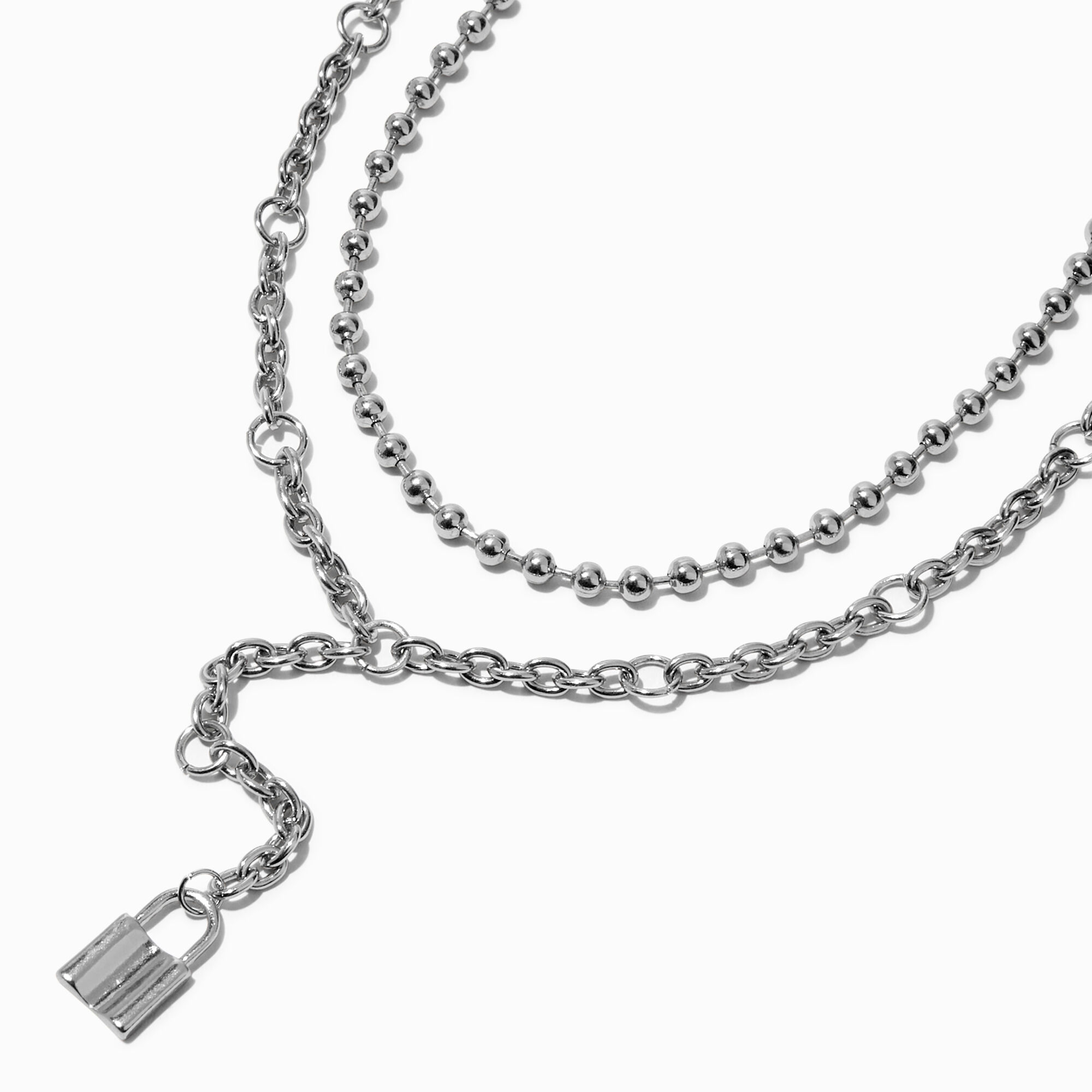 View Claires Tone Padlock YNeck Ball MultiStrand Necklace Silver information