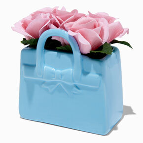 Blue Purse Planter With Faux Roses,