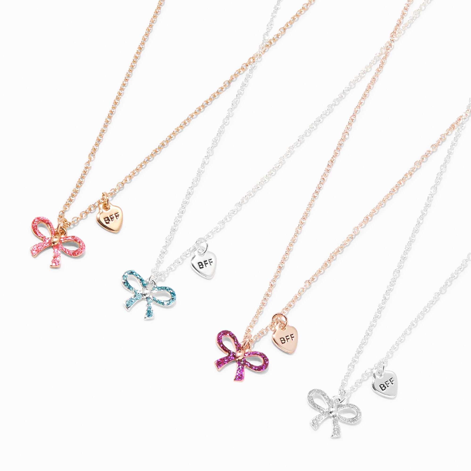 View Claires Best Friends Mixed Metal Glitter Bows Pendant Necklaces 4 Pack Gold information