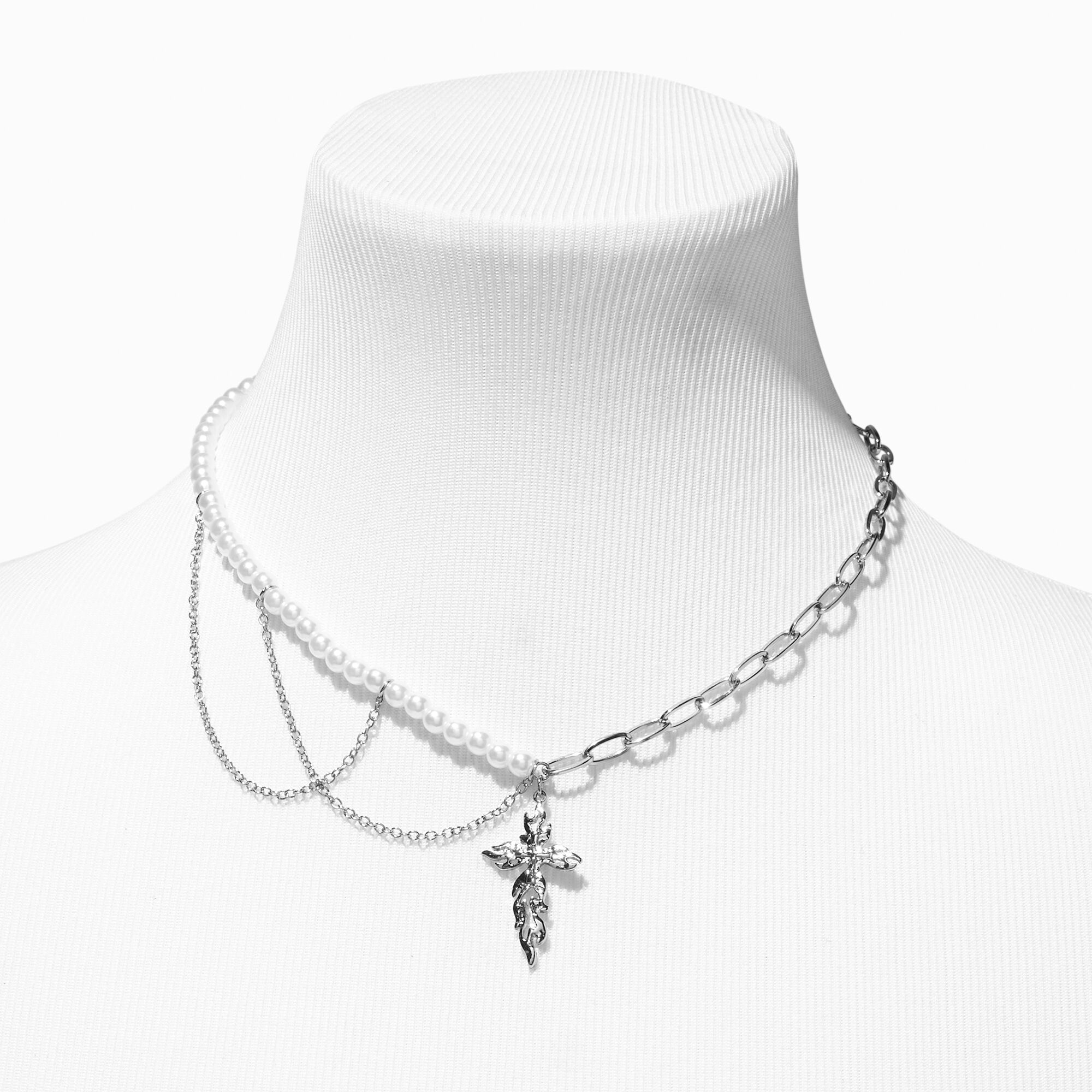 Silver & Pearl Cross Necklace & Drop Earrings Set - 2 Pack,