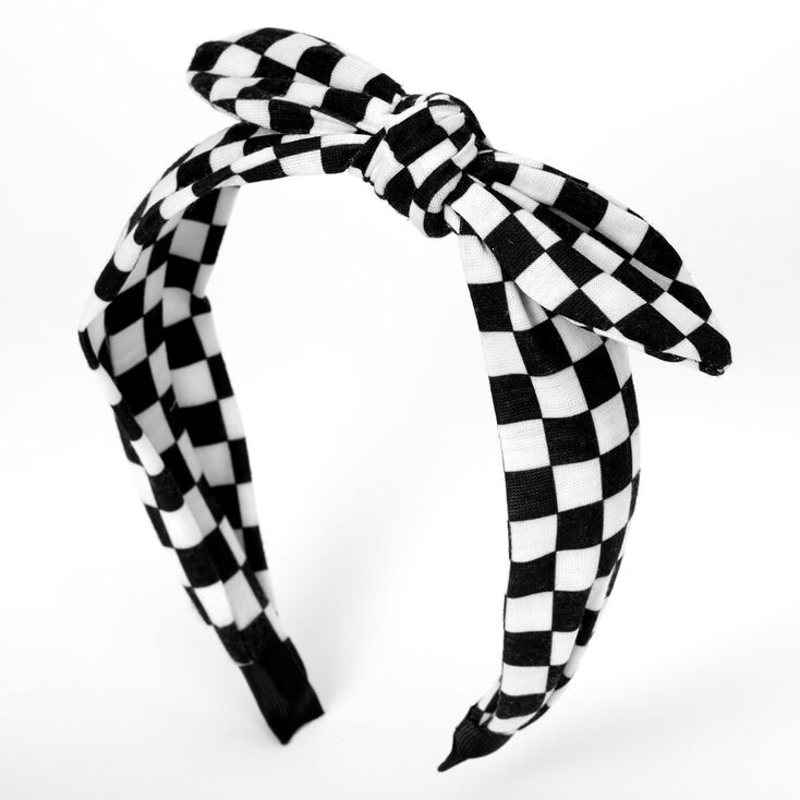 Black &amp; White Checkered Knotted Bow Headband,