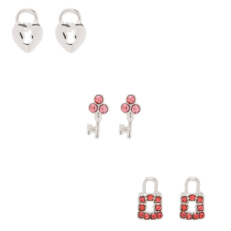 Silver Lock &amp; Key Stud Earrings - Pink, 3 Pack,