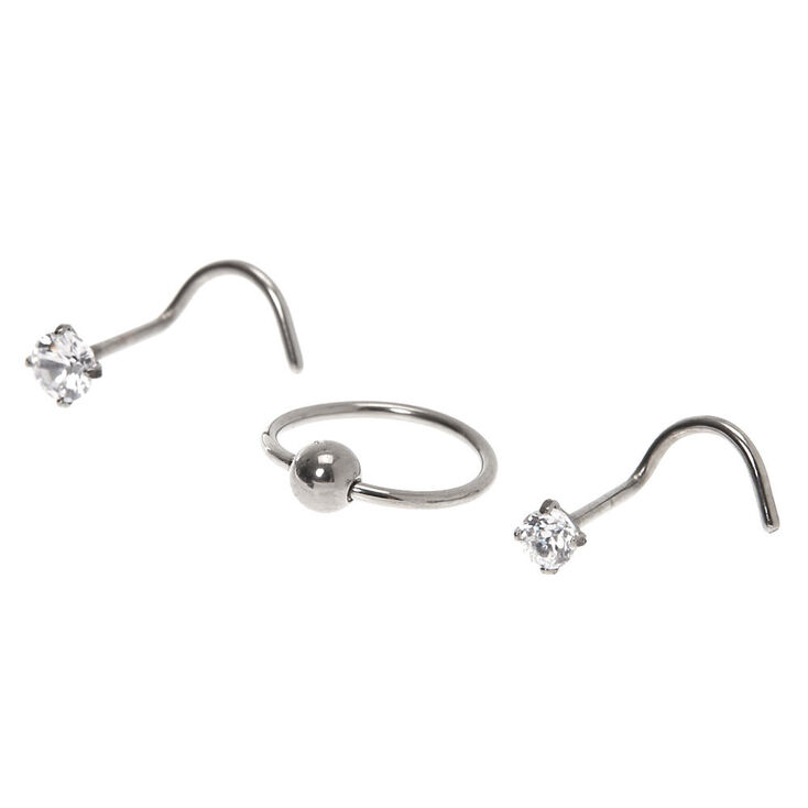 20G Silver-tone Titanium Double Crystal Nose Studs - 3 Pack,