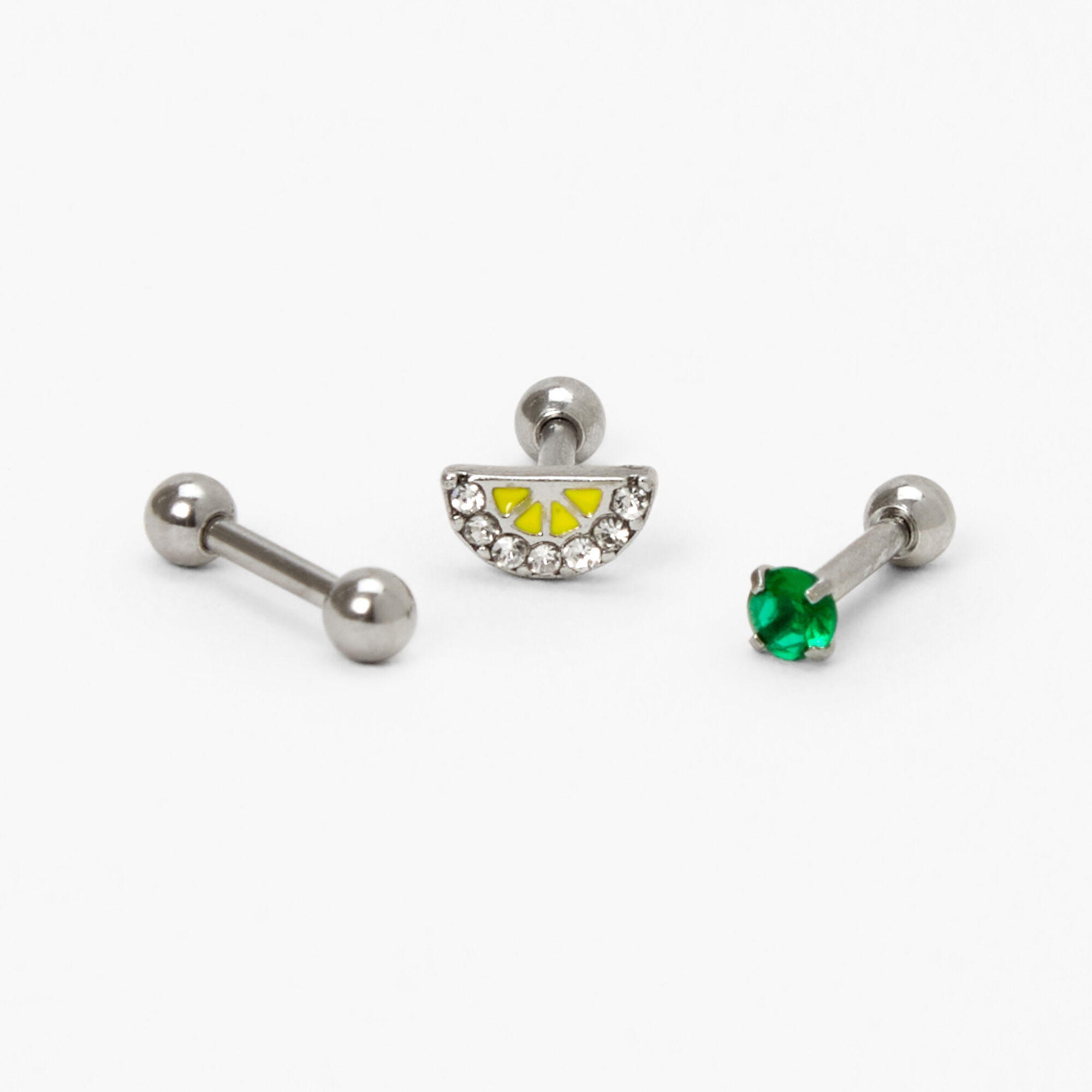 Clous d'oreilles pour piercing de cartilage citron décorés 1,2 mm couleur argentée - Lot de 3,