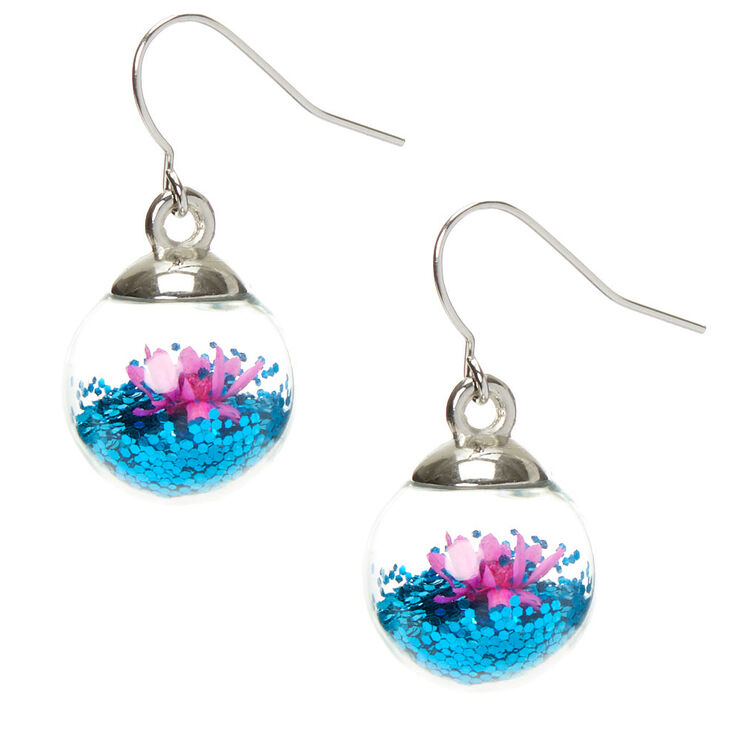 Pendantes motif globe fleurs et paillettes 2,5&nbsp;cm - Bleu,