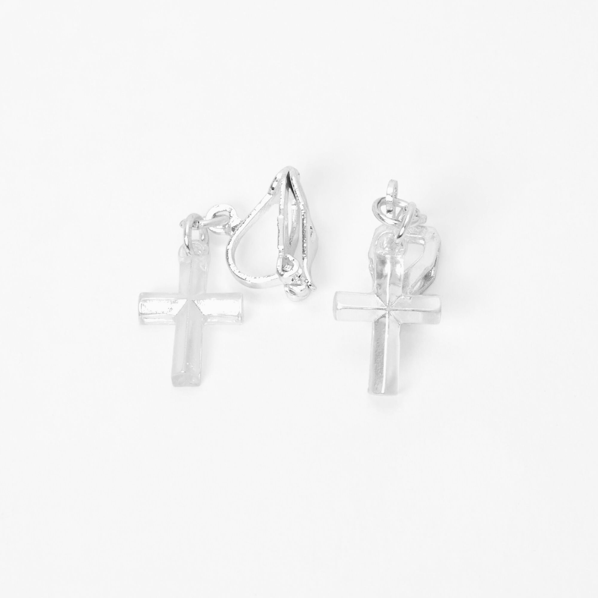 View Claires Tone Cross Clip On Stud Earrings Silver information