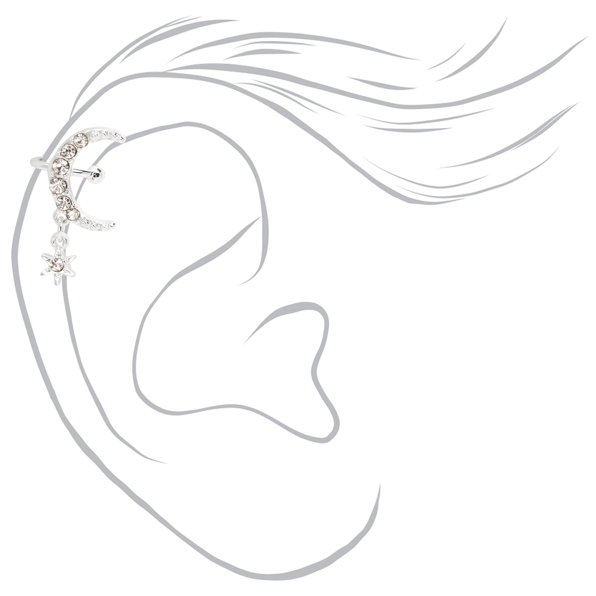 Manchette d'oreille avec pendentif étoile croissant de lune couleur argentée,