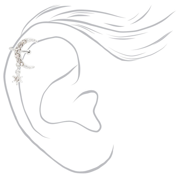 Silver Crescent Moon Star Dangle Ear Cuff,