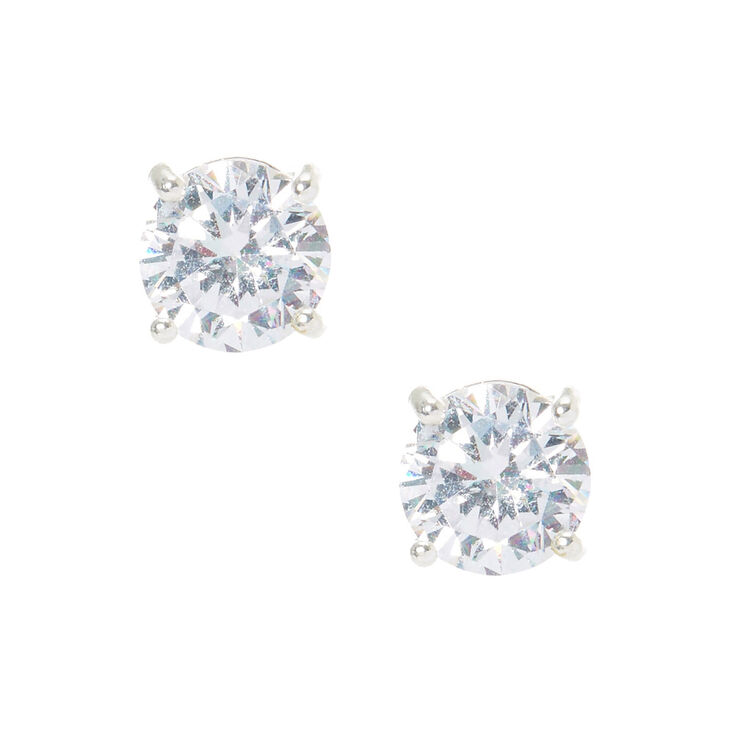 Silver-tone Cubic Zirconia 8MM Round Stud Earrings,