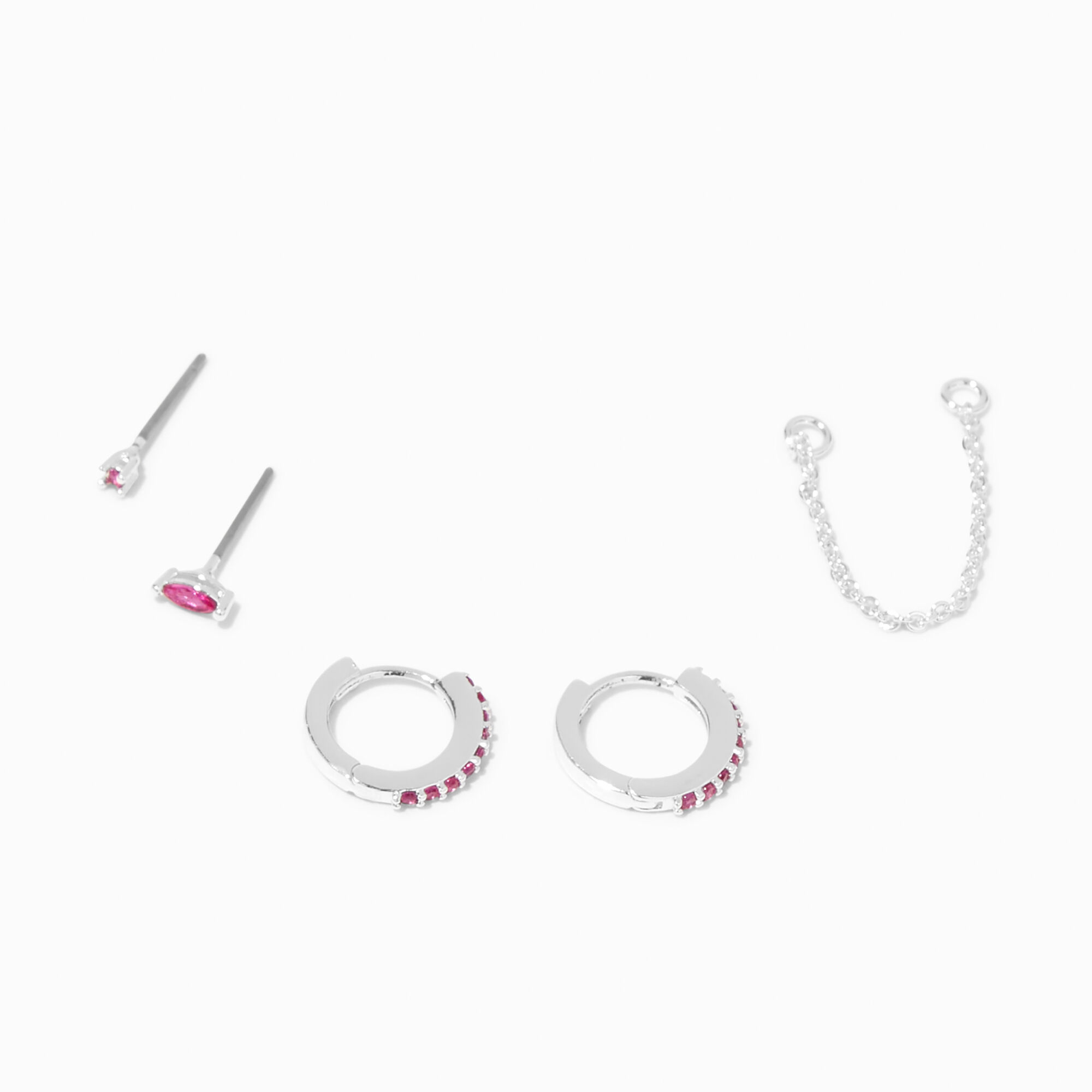 View Claires Sterling Silver Plated Hoop Connector Chain Teardrop Stud Earring Set 5 Pack Pink information