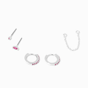 Sterling Silver Plated Pink Hoop Connector Chain Teardrop Stud Earring Set - 5 Pack,