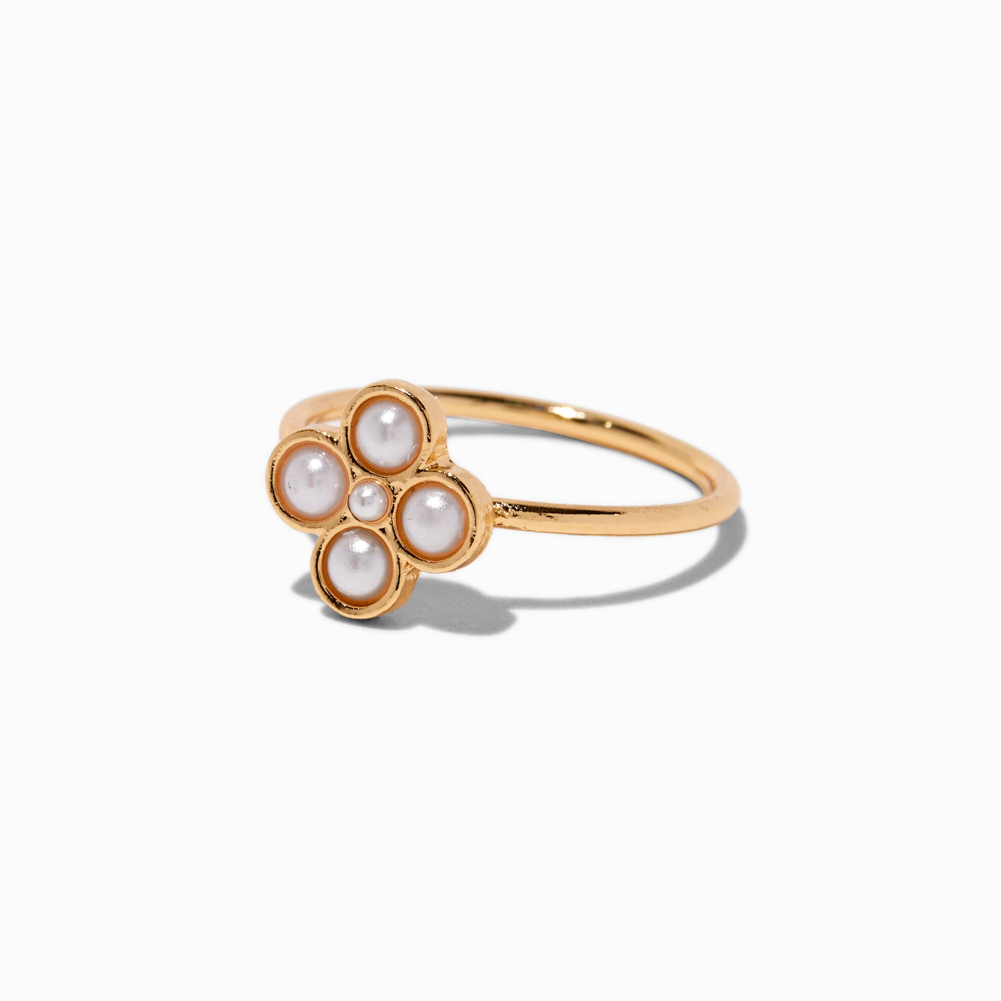 Gold-tone Pearl Clover Ring,