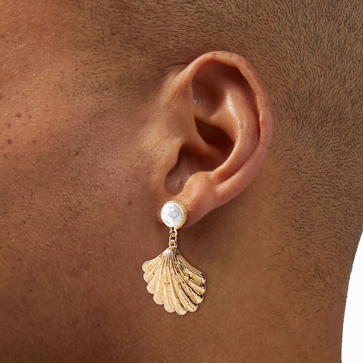 Gold-tone Pearl Seashell Drop Earrings,