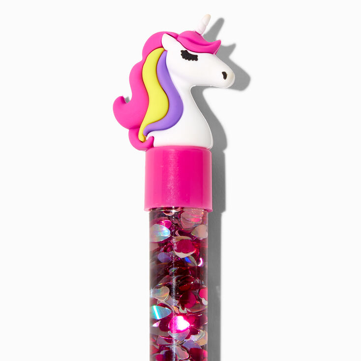 Stylo à paillettes en forme de cœur rempli d'eau licorne rose