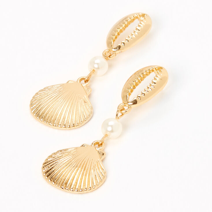 Gold 2&quot; Cowrie Seashell Pearl Drop Earrings,