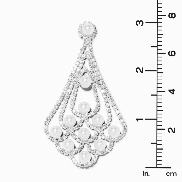 Silver Pearl Rhinestone Chandelier 3&quot; Drop Earrings,