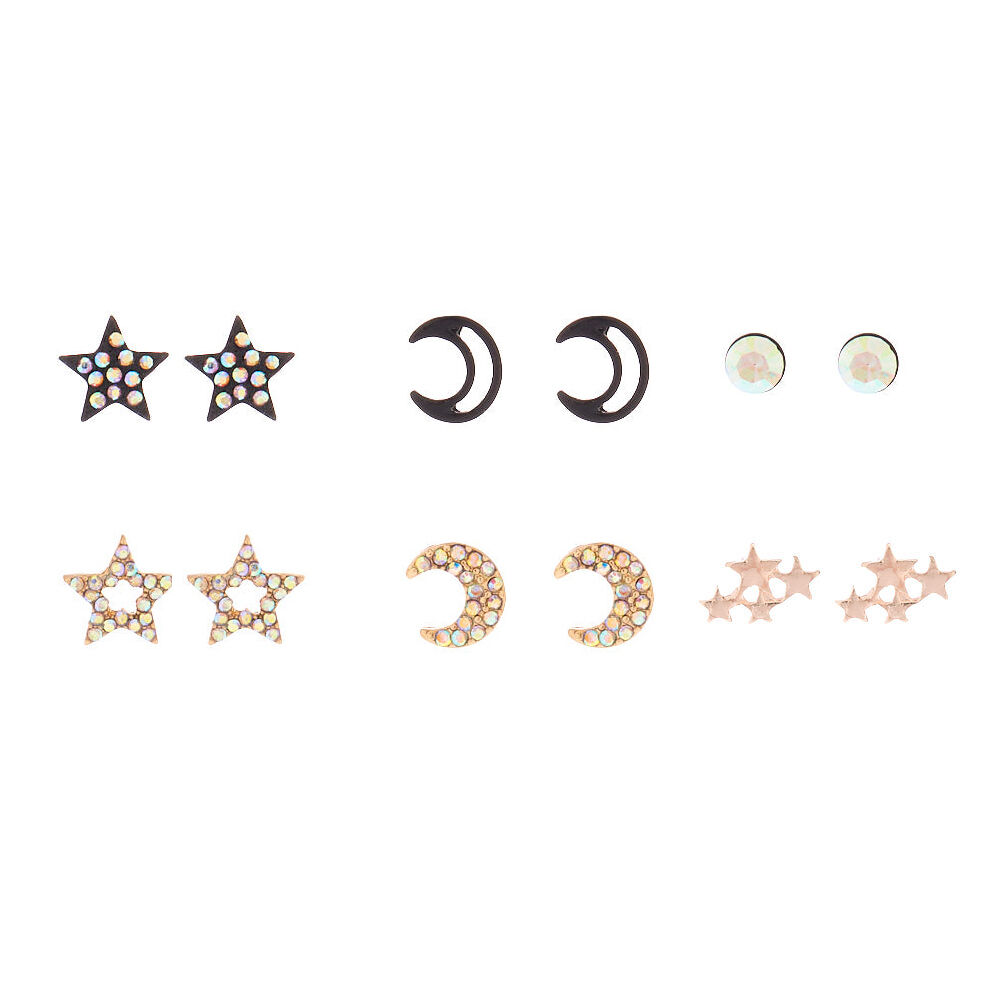 Mixed Metal Celestial Stud Earrings - 6 Pack,