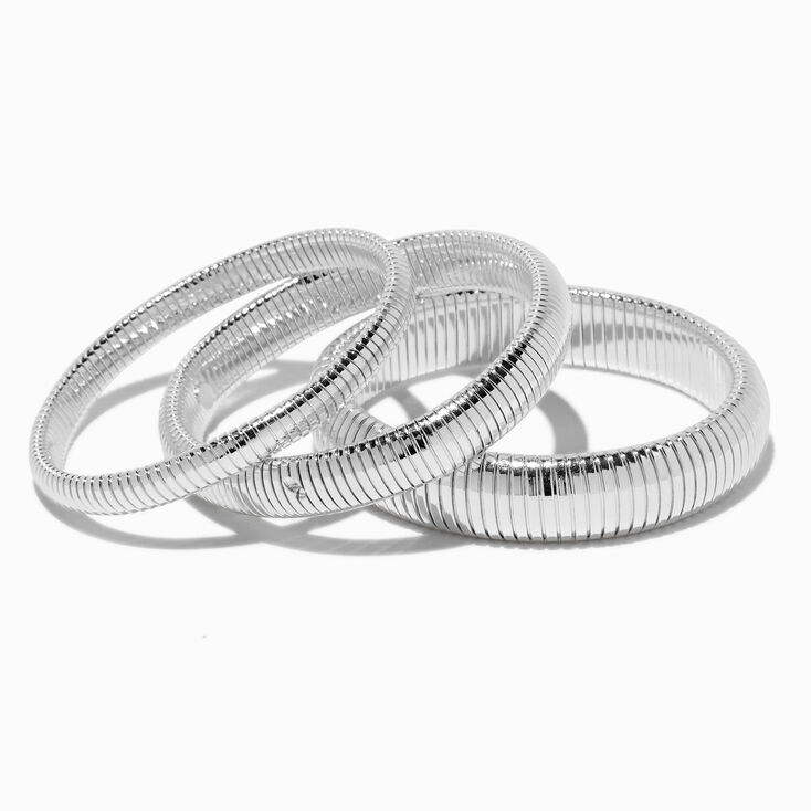 Silver-tone Ribbed Stackable Bangle Bracelets - 3 Pack,
