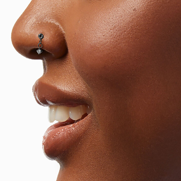 20G Silver-tone Titanium Cubic Zirconia Dangling Nose Rings &amp; Studs - 3 Pack,