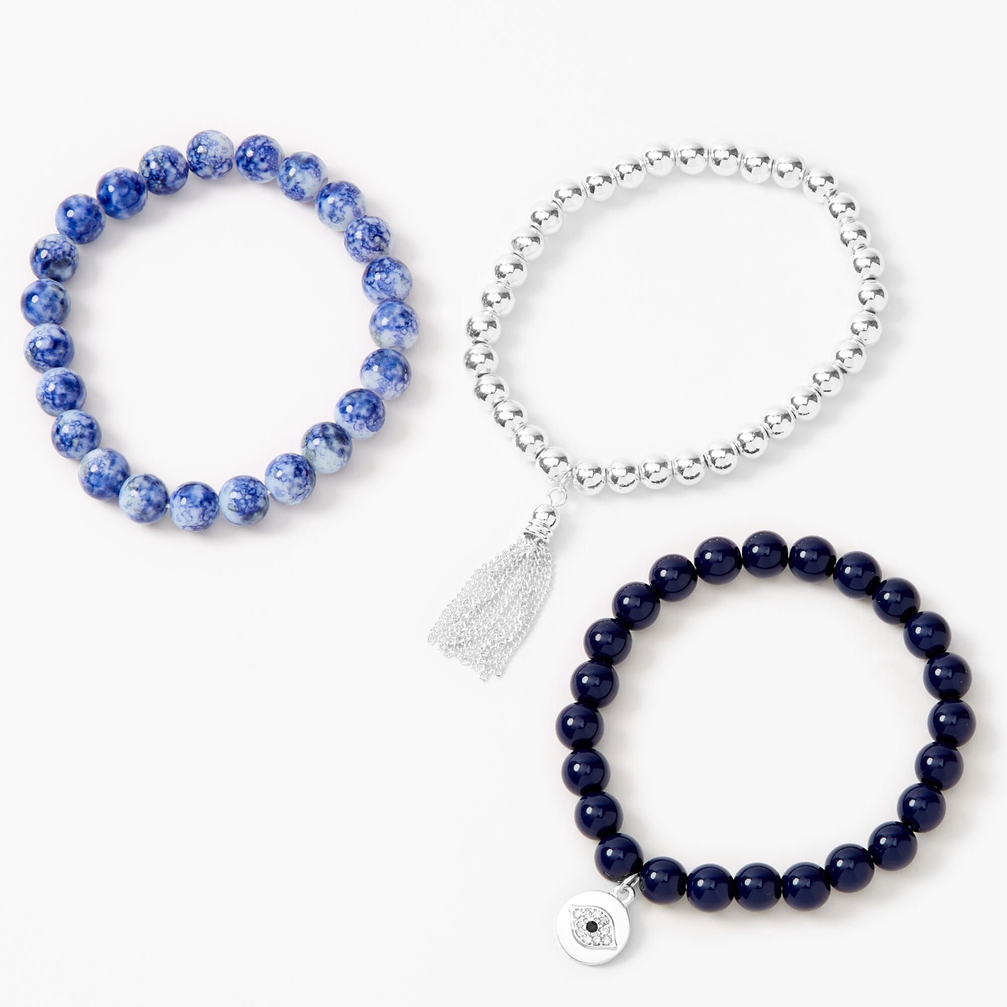 View Claires Evil Eye Marble Beaded Stretch Bracelets 3 Pack Blue information