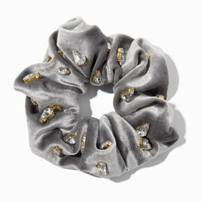 Gray Velvet Gemstone Embellished Hair Scrunchie,