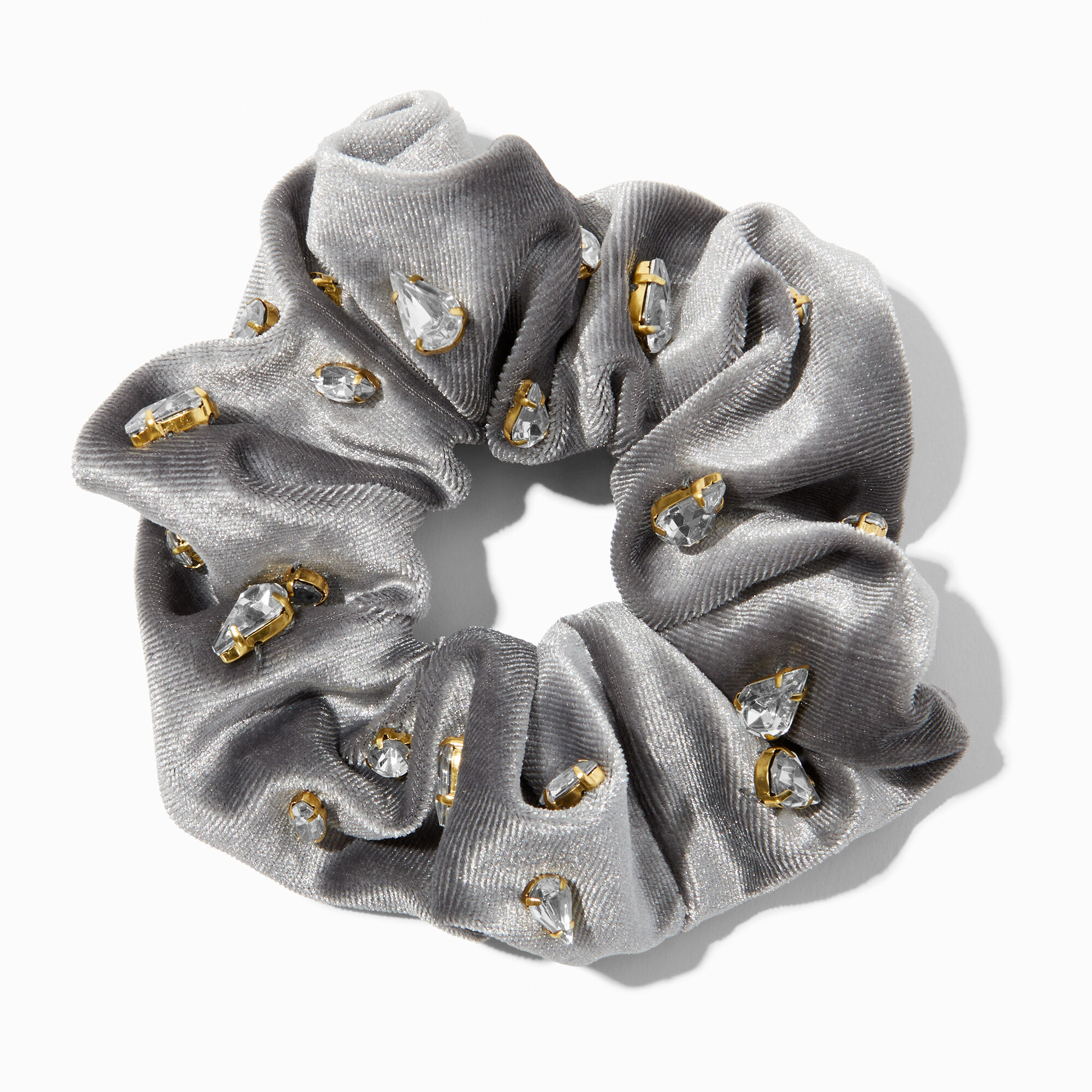 View Claires Velvet Crystal Embellished Hair Scrunchie Gray information