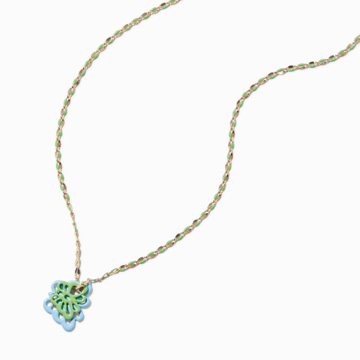 Collier &agrave; pendentif papillon vert et bleu,